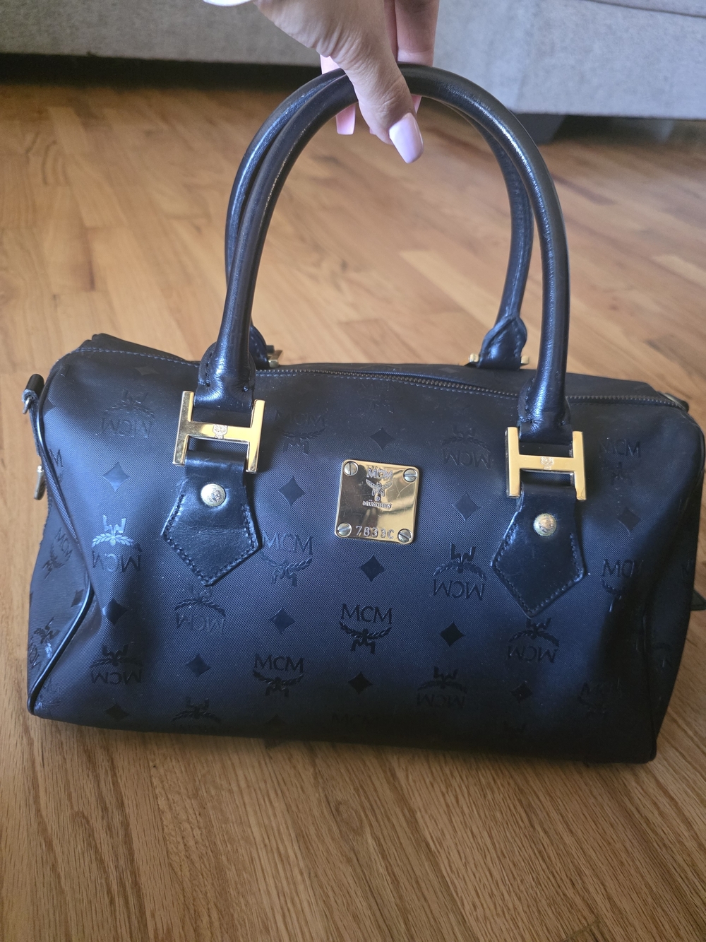 MCM Black Logo Satchel Bag with Gold Hardware